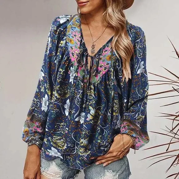 Boho Blues Tunic Blouse Top, Plus Sizes, NWT - Picture 1 of 3